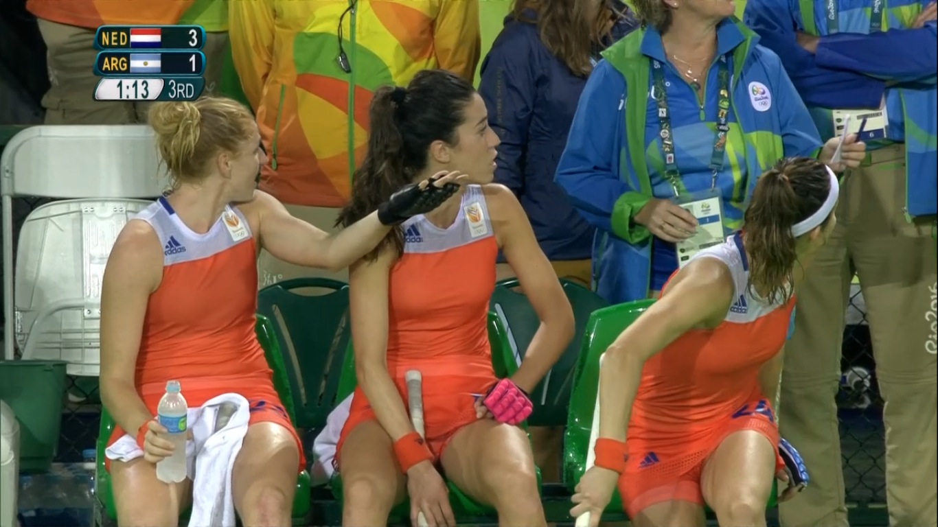 Van Geffen, Van As and De Goede at the penalty box after receiving cards.