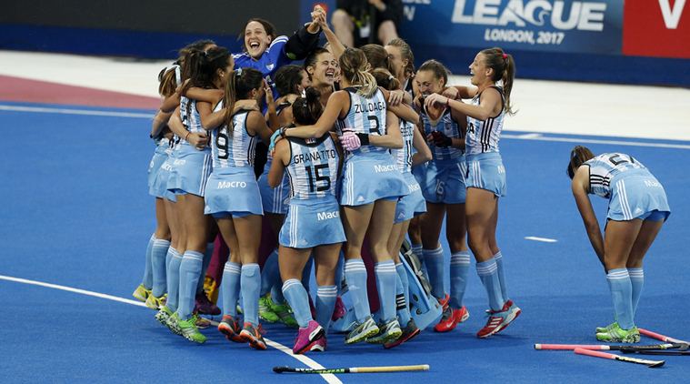 The Argentinean team celebrate winning the 1st place playoff match between Netherlands and Argentina at the FIH Women's Champions Trophy hockey championship at the Queen Elizabeth Olympic Park in London, Sunday June 26, 2016. (Paul Harding / PA via AP) UNITED KINGDOM OUT - NO SALES - NO ARCHIVES
