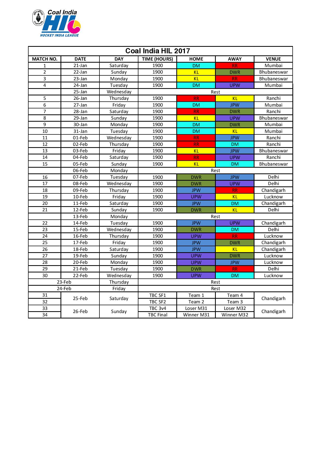 hockey india league 2017 fixture